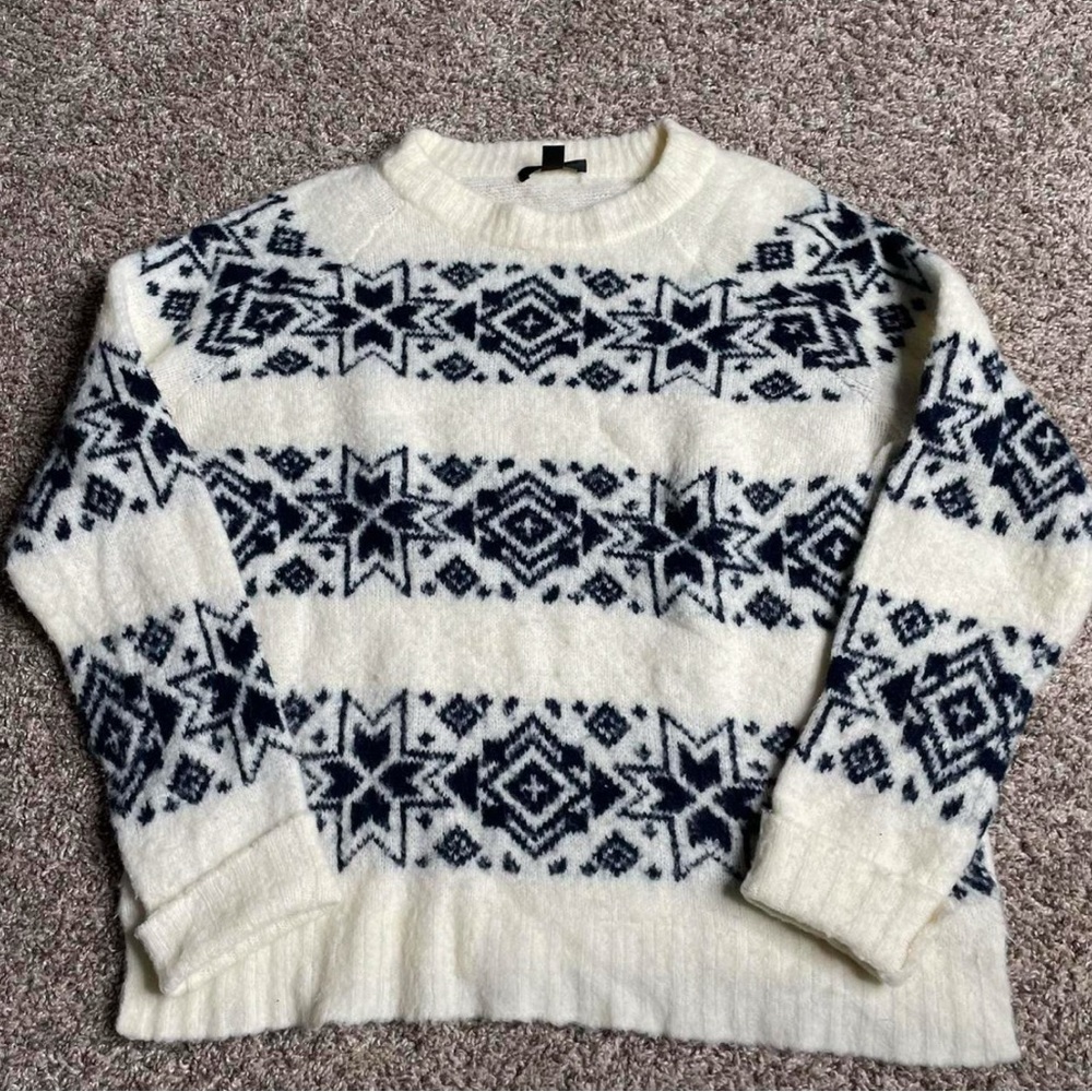 J. Crew Fair Isle Sweater Women’s Medium Cream Navy Chunky Wool Blend Knit